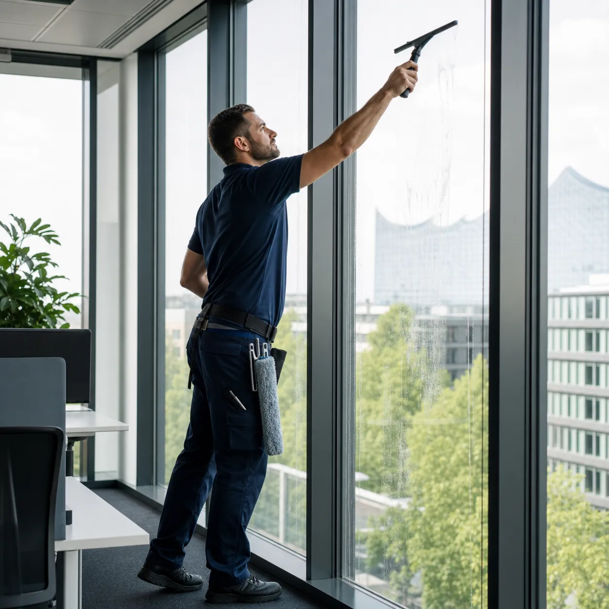 Professionelle Fensterreinigung in einem modernen Büro
