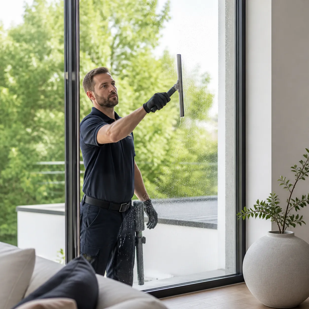 Professionelle Fensterreinigung in einem hellen Wohnraum